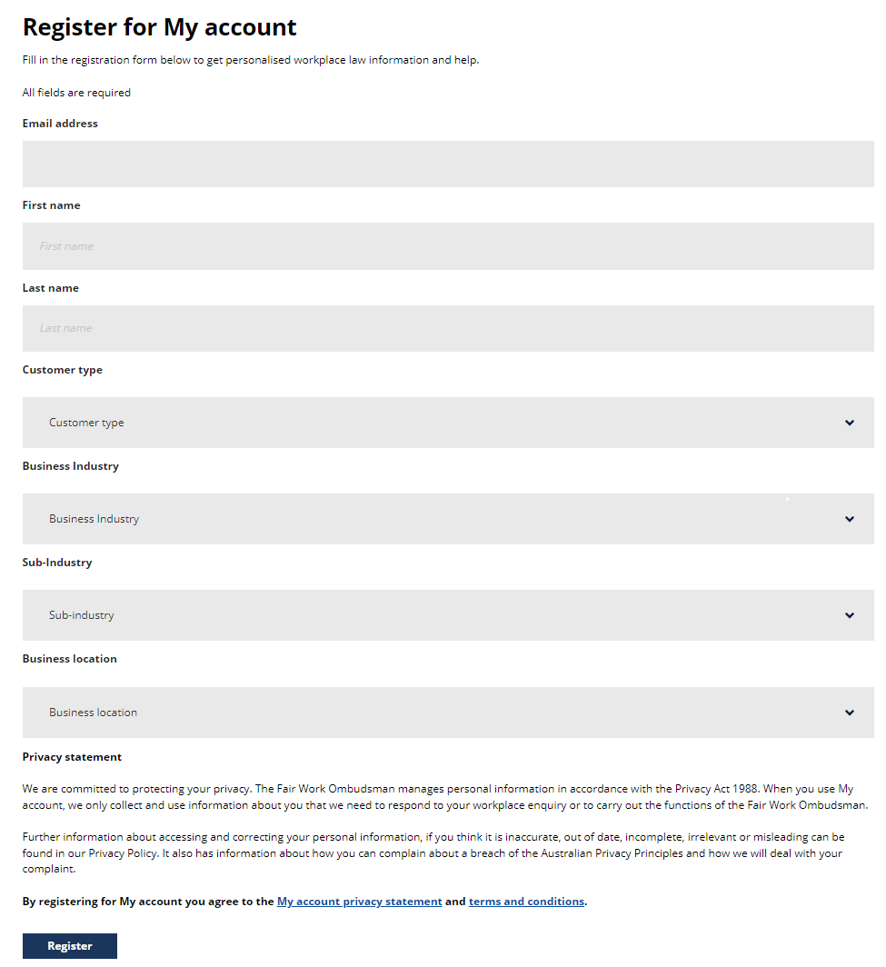New My account register login form