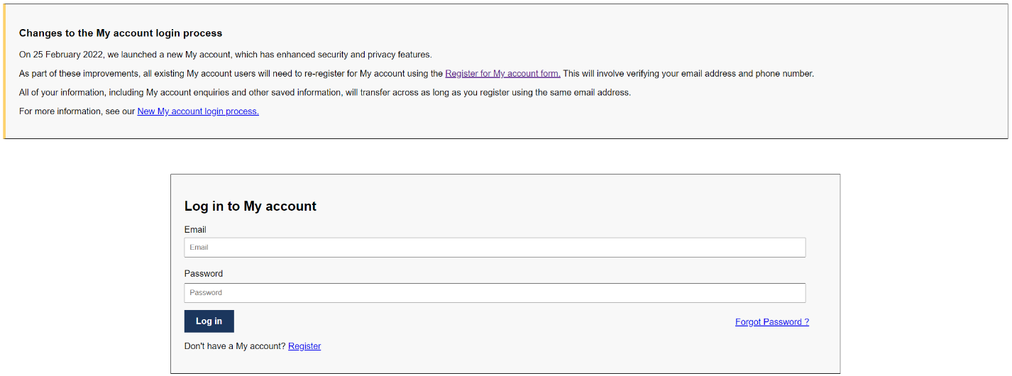 New My account login page with username and password prompt