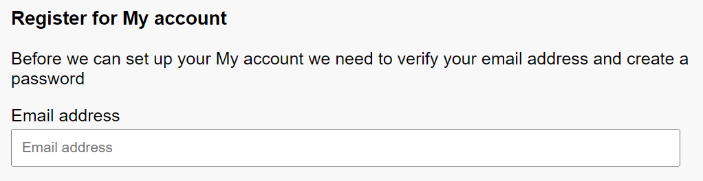 New My account registration form - enter email prompt