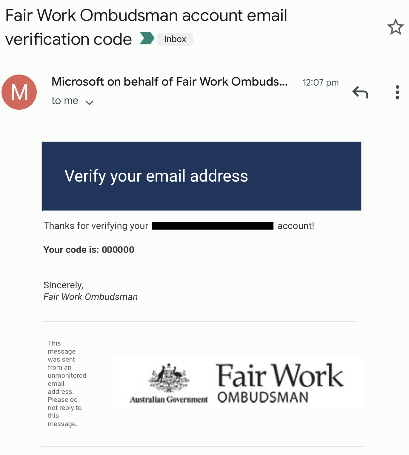 Sample My account email verification email from the Fair Work Ombudsman