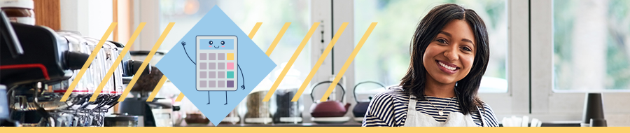 Banner photograph of female cafe owner and calculator icon