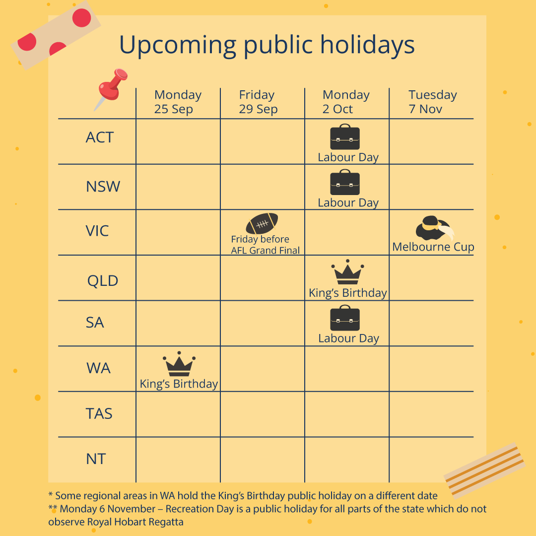 Upcoming public holidays