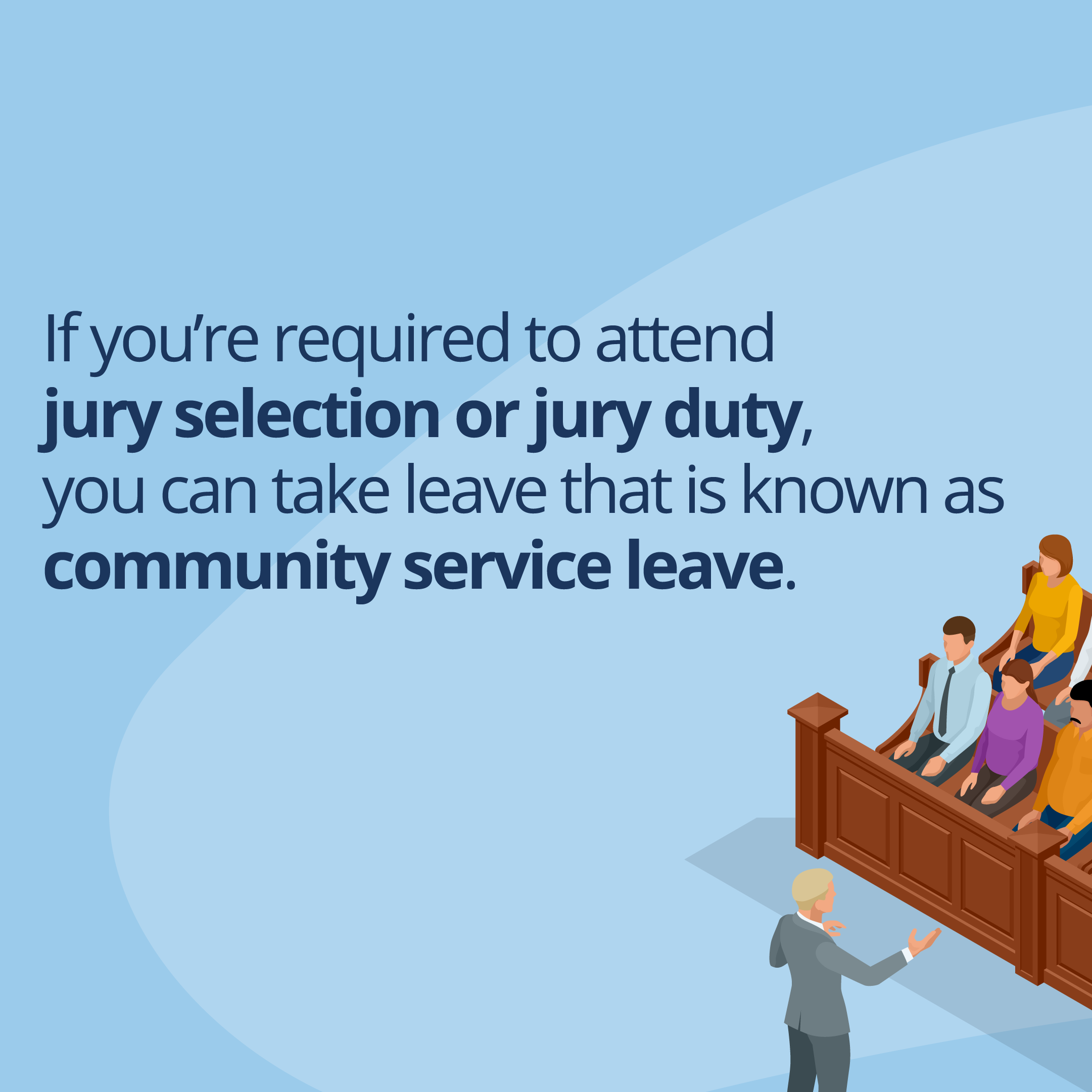 Text on blue background next to people sitting at jury duty