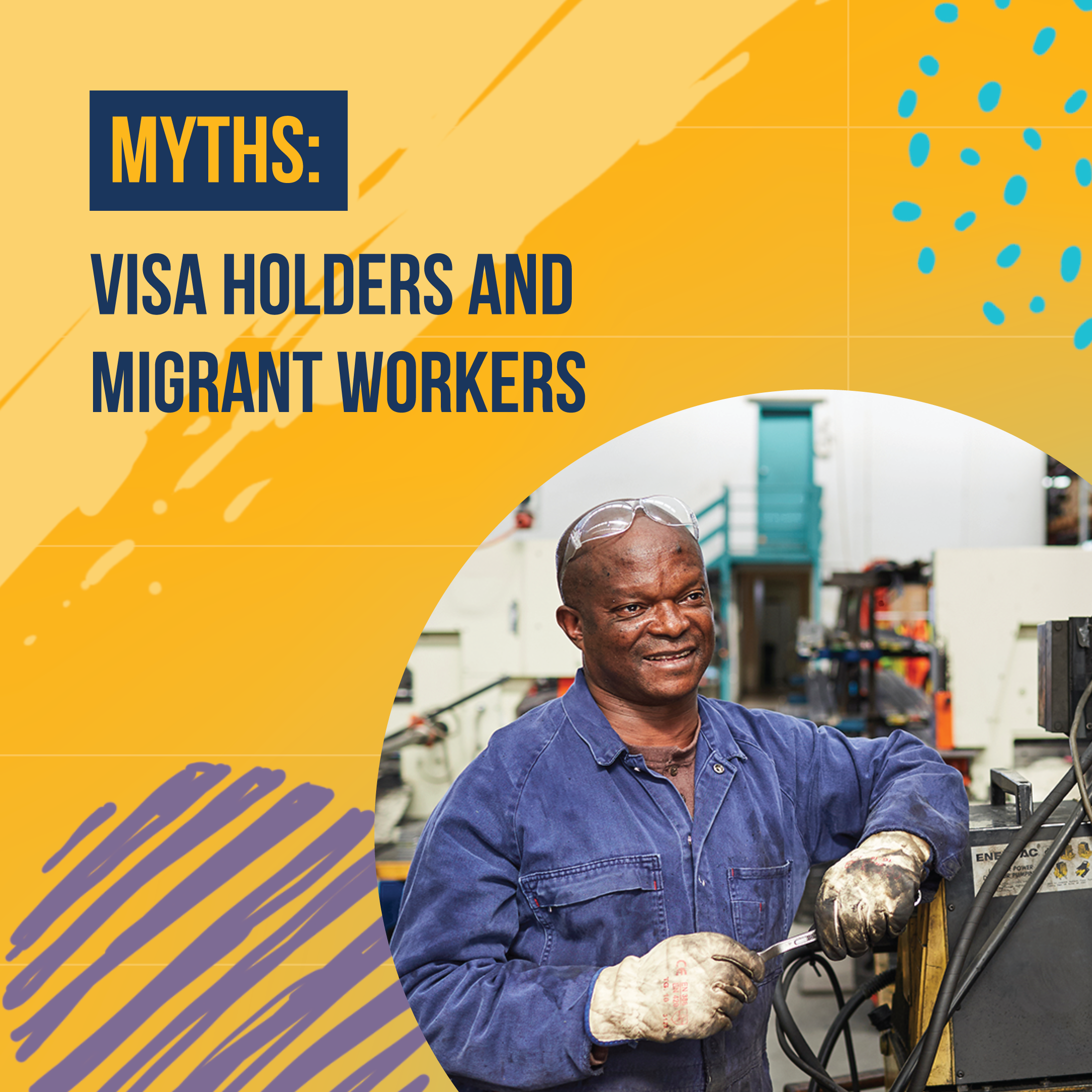 Image of tradesman, with text: 'Myths, visa holders and migrant workers'