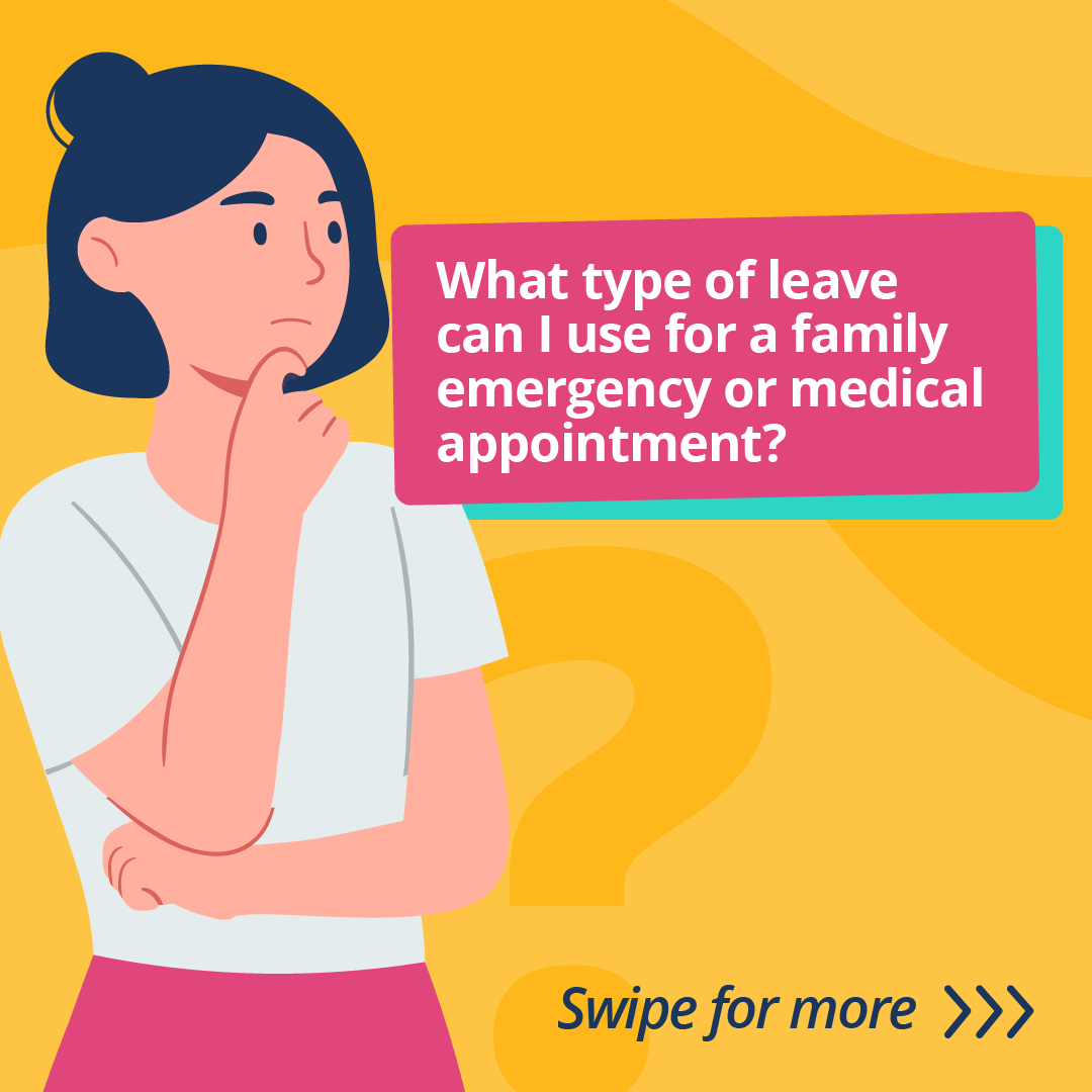 cartoon woman thinking about what type of leave she can use for a family emergency or medical appointment