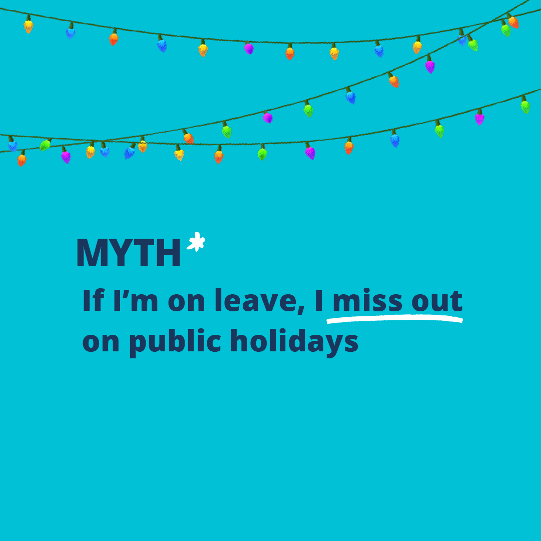 Light blue background with christmas lights. Text reads Myth If I'm on leave, I miss out on public holidays