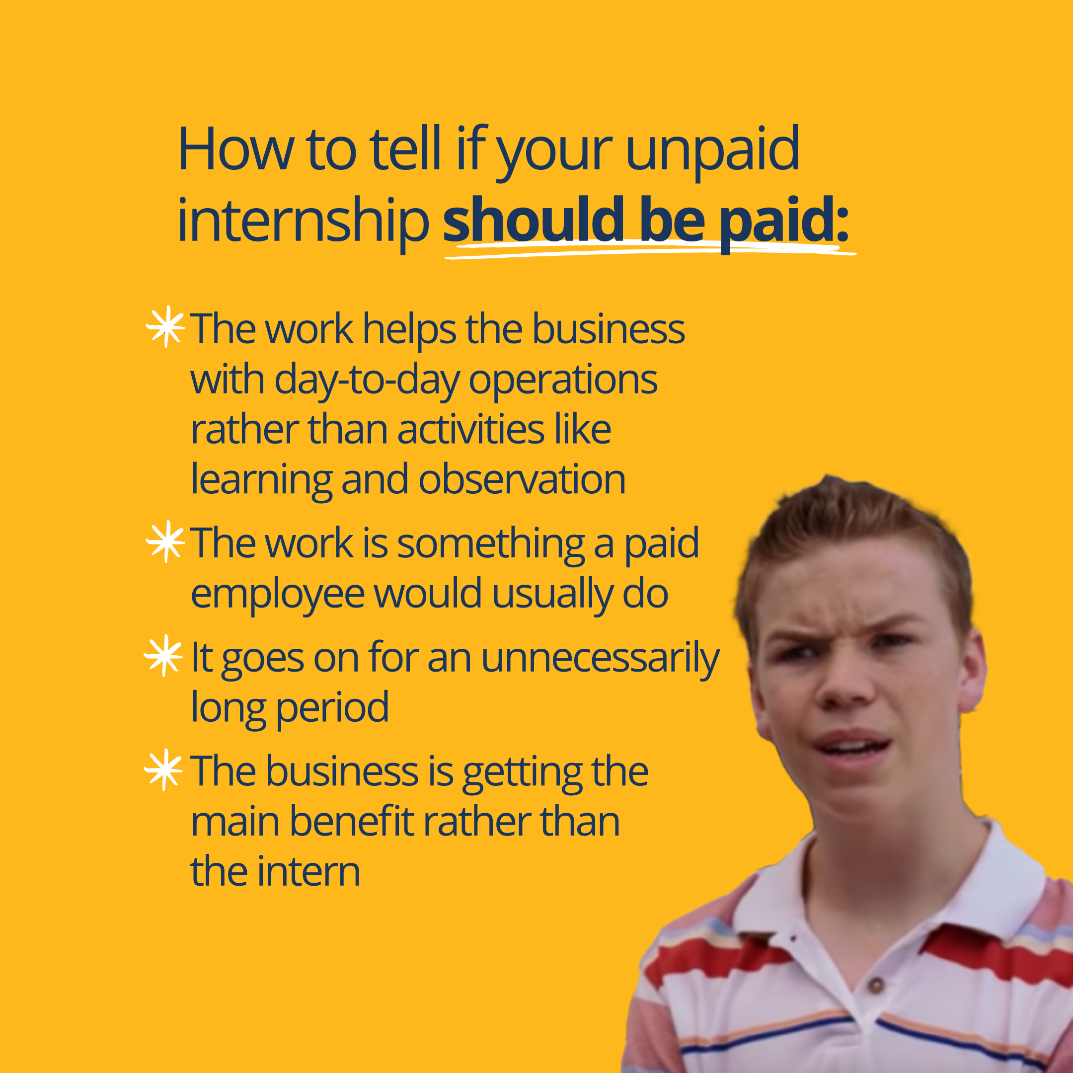 Boy looking confused at a list titled how to tell if your unpaid internship should be paid