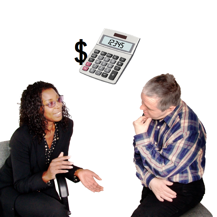 2 people sitting together talking.