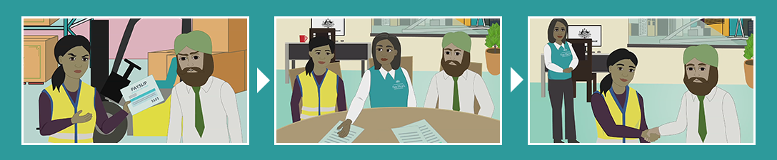 Stills from language storyboard video The Fair Work Ombudsman is here to help you