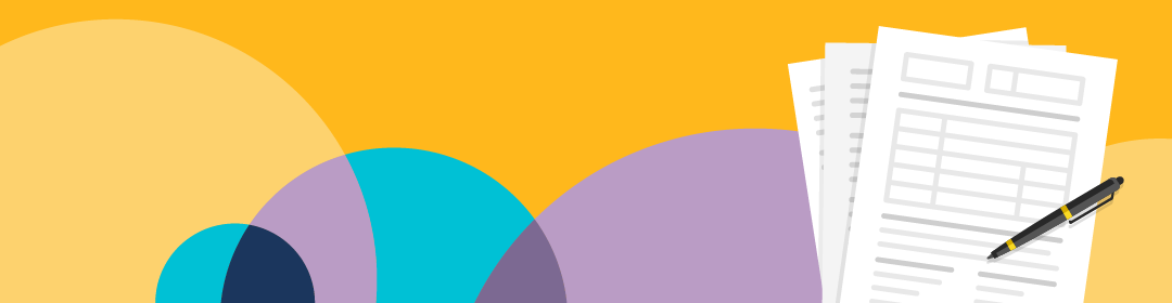 Colourful background with a pen and a stack of papers.