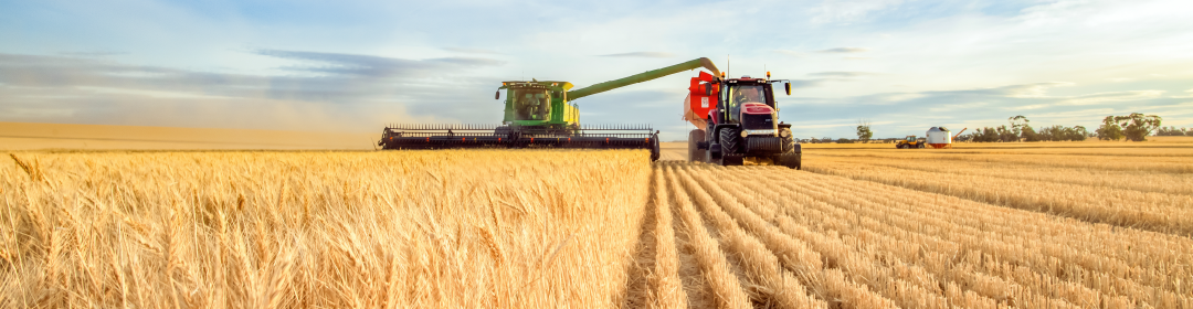Large farm machinery moving over field of wheat