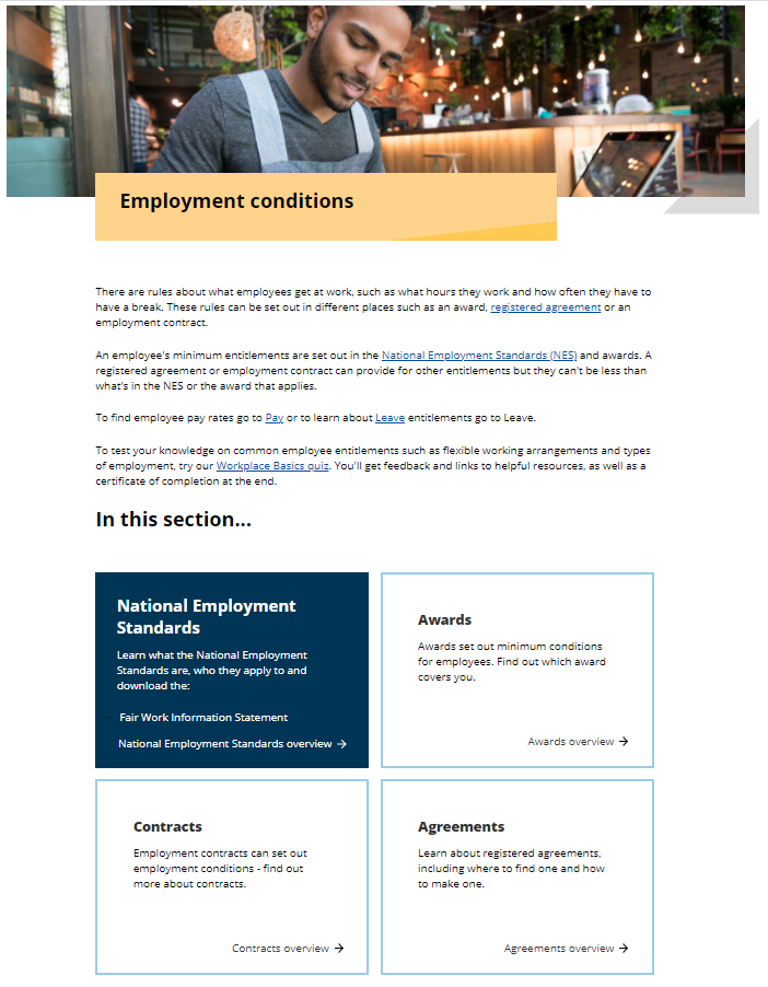 Landing page of FWO website's Employment conditions section
