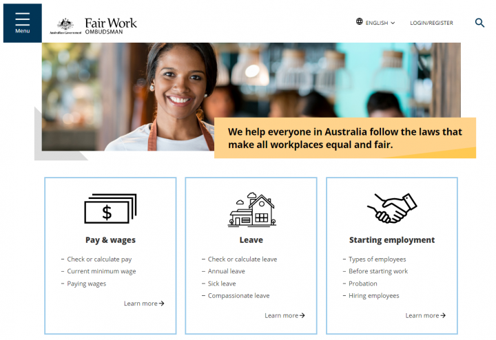 Homepage of new Fair Work Ombudsman website