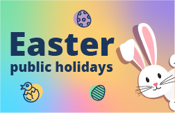 Image of an Easter bunny and Easter eggs with words Easter public holidays.