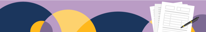 Colourful background with a pen and a stack of papers