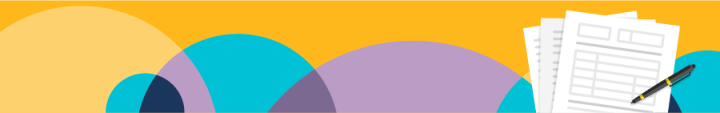 Colourful background and a pen with a stack of papers