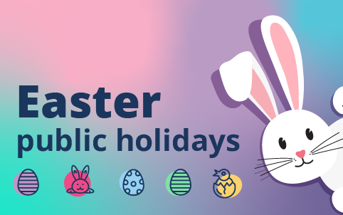 Image of an Easter bunny and Easter eggs with words Easter public holidays.