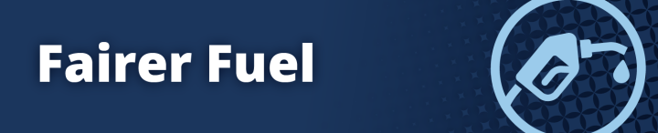 Text reading "Fairer Fuel" to the left of a drawing of a fuel pump.