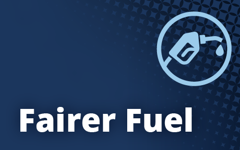 Text reading "Fairer Fuel" beneath a drawing of a fuel pump.